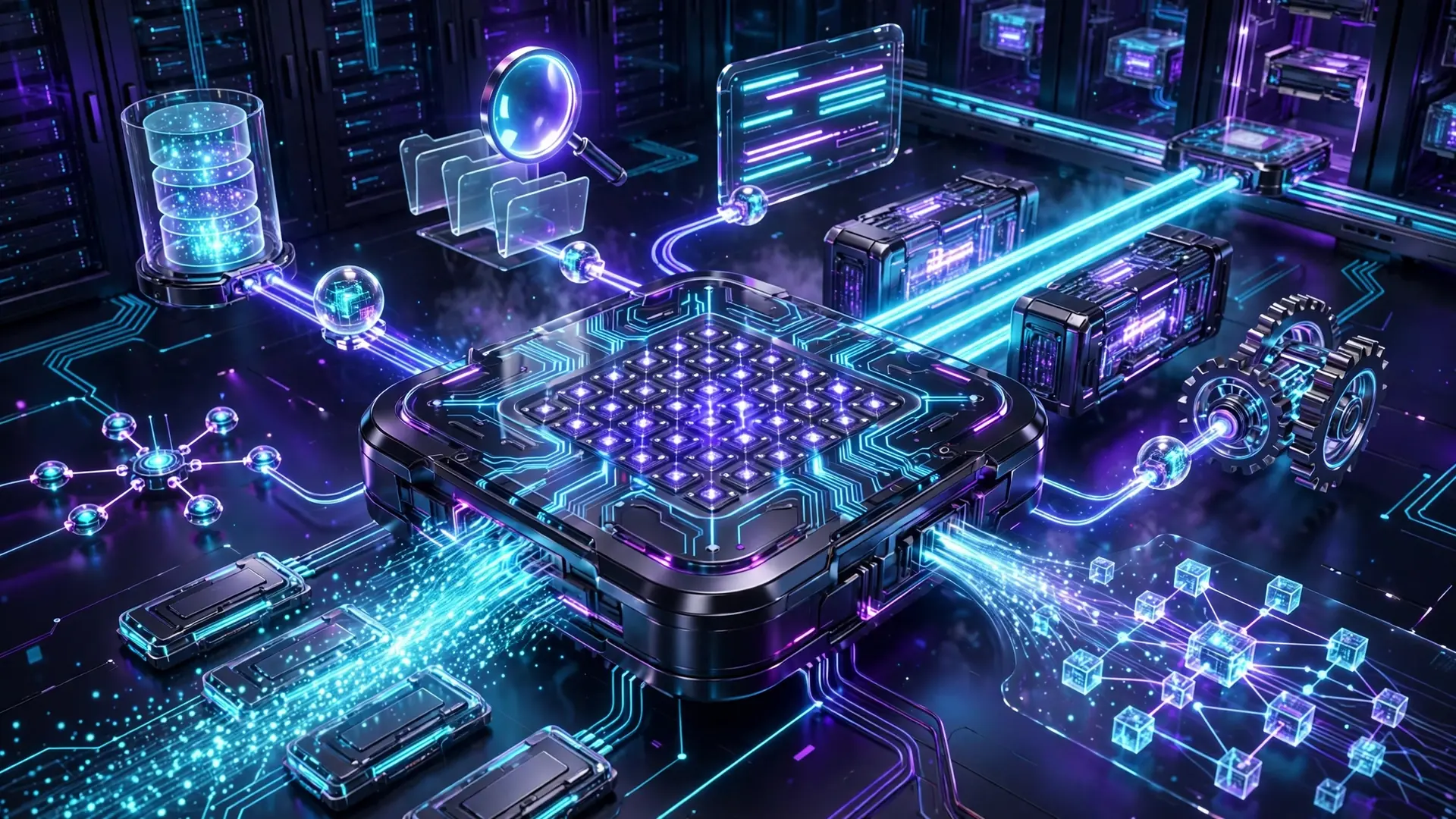 Representation of a futuristic CPU processing several artificial intelligence agent tasks