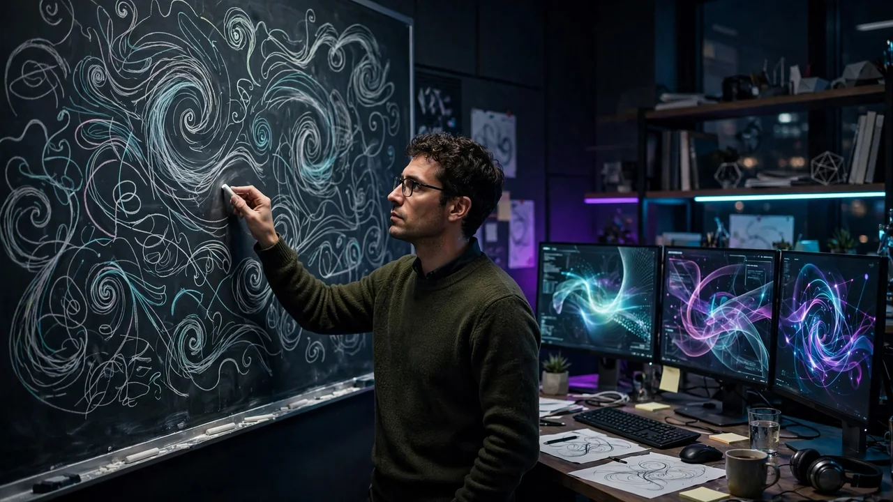 Representación de una pizarra matemática con ecuaciones de fluidos y superposición de interfaces de inteligencia artificial