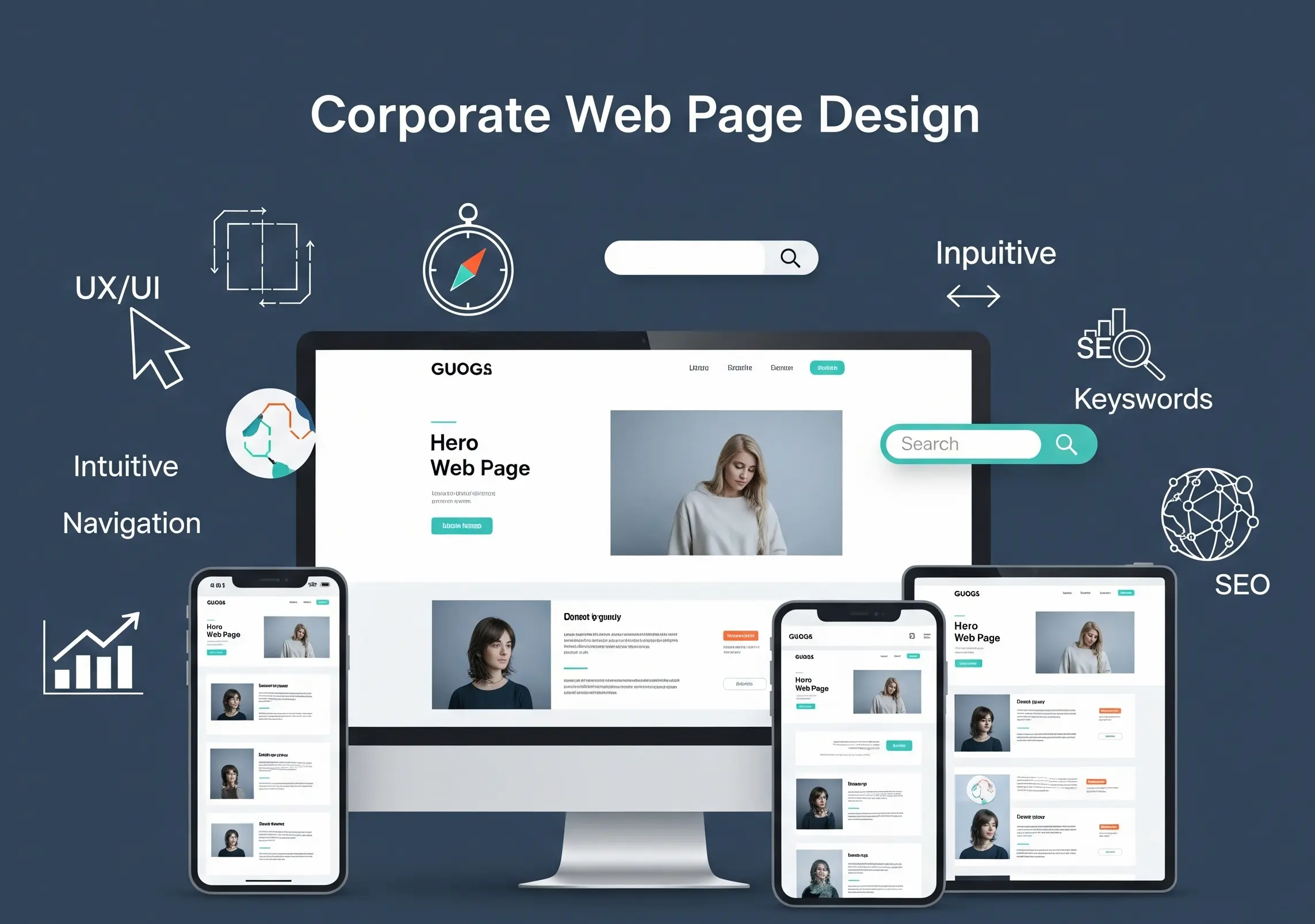 Ejemplos de diseños web modernos y atractivos en computadores y móviles