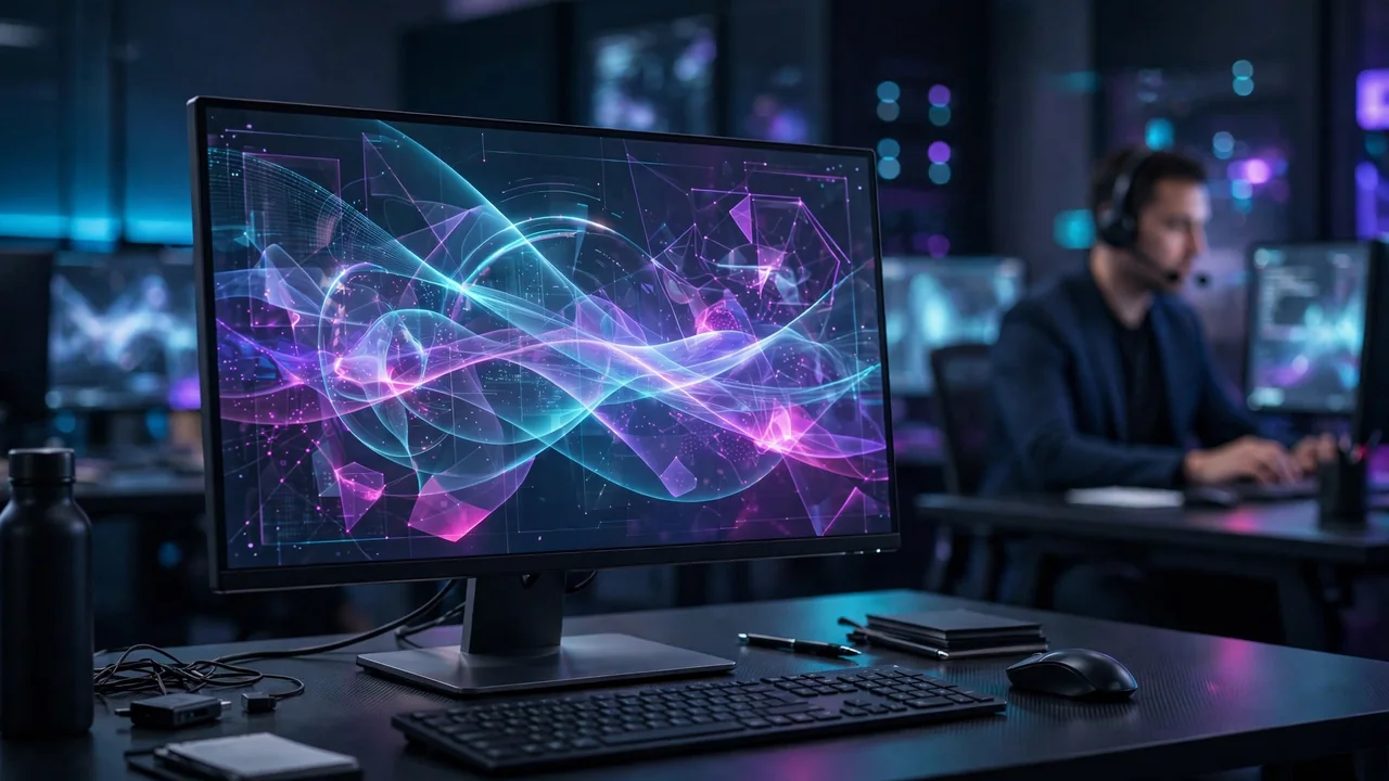 Un entorno de desarrollo moderno donde una interfaz de agente de IA analiza líneas de código en un monitor.